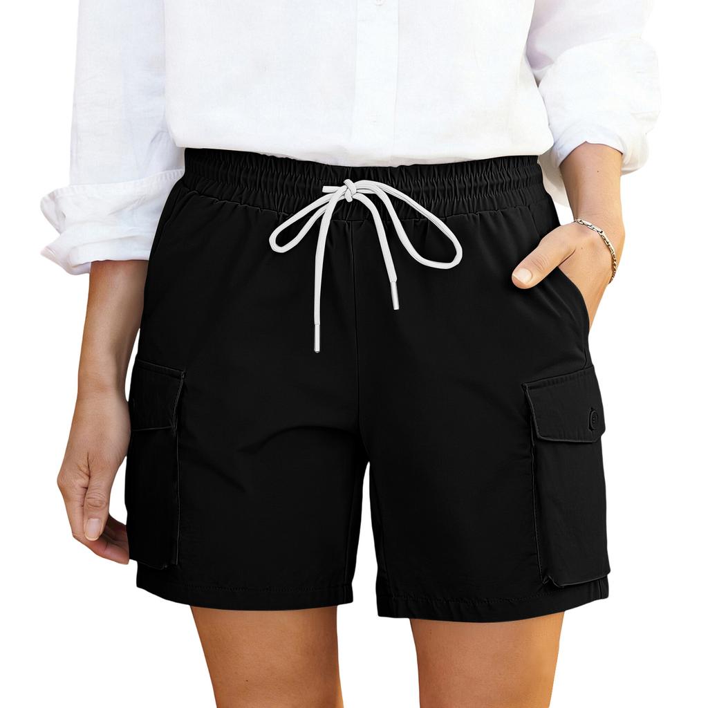 Shorts cargo décontractés pour femmes à taille à cordon avec poches Coupe décontractée Ceinture élastique Tissu léger