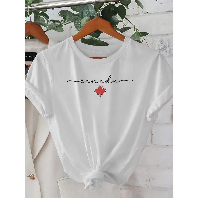 

Canada Maple Leaf Graphic T-Shirt for Women - Casual & Sporty, Short Sleeve Crew Neck, Light Pink with Black Print, Spring/Summer Collection 4XL білий