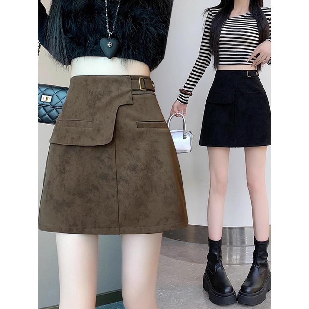 Plus Size Women's Brown Suede A-line High Waist Short Skirt for Spring & Autumn