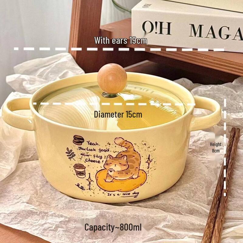 ZISIZ Kawaii Cat Ceramic Instant Noodle Bowl with Lid