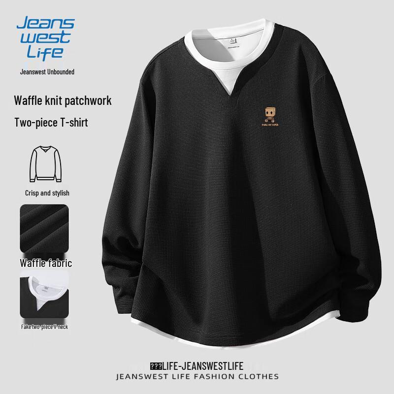 JEANSWEST LIFE Men's Waffle V-Neck Faux Two-Piece Long Sleeve T-Shirt