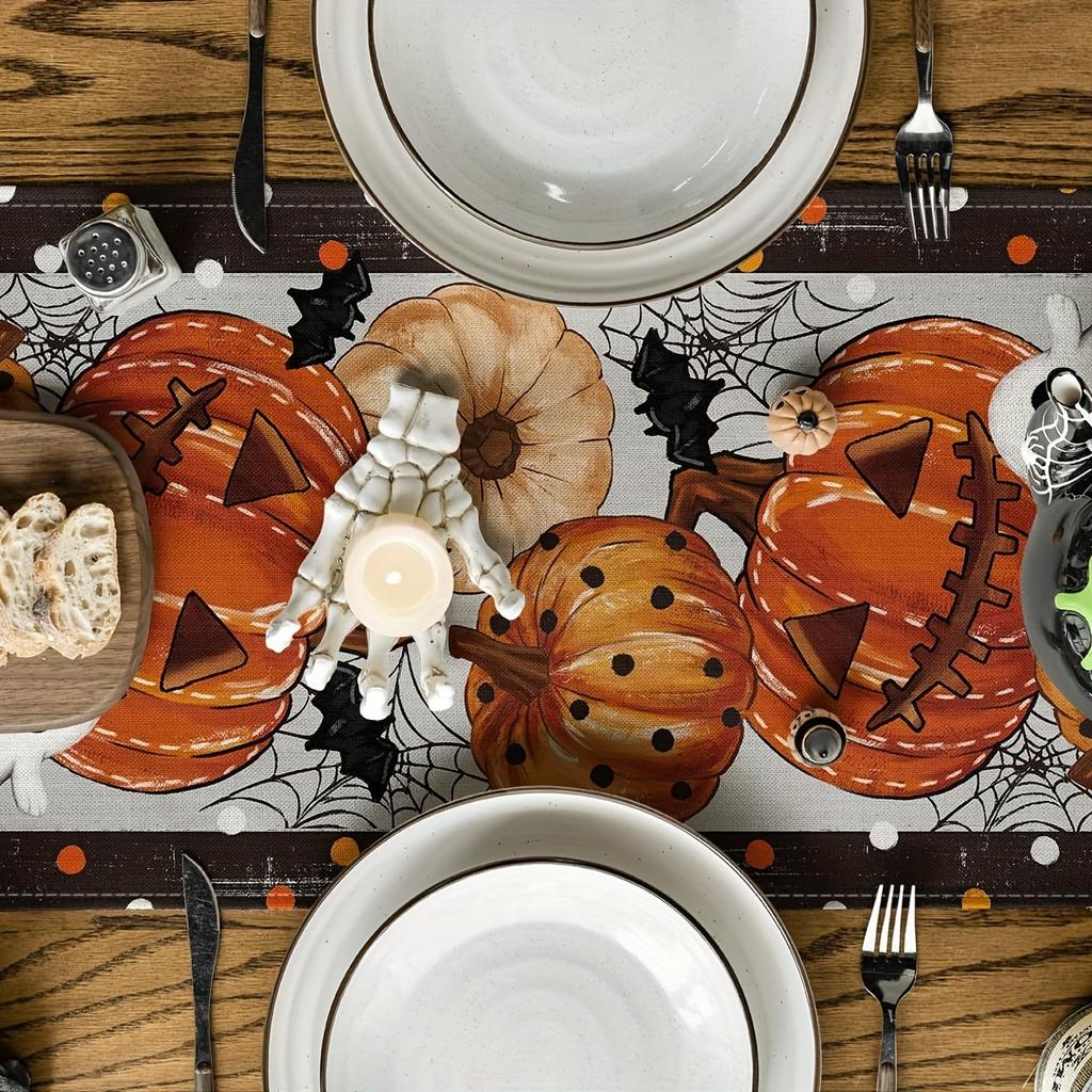 1pc Linen Polka Dot Pumpkin Ghost Table Runner, Halloween Farmhouse Indoor Kitchen Dining Decor, Home Party Tablecloth, Woven Cover, Rectangular Shape