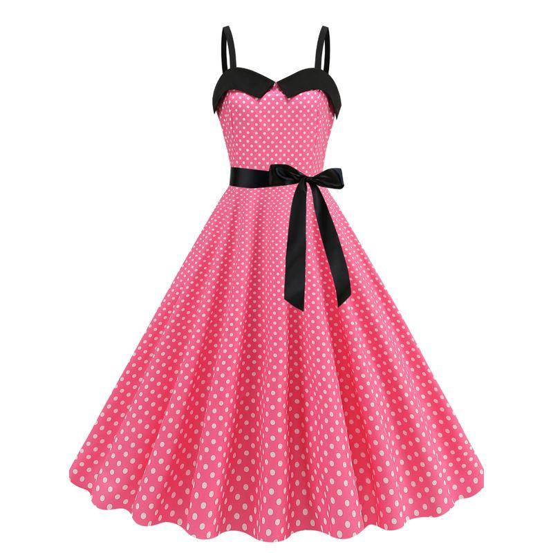 Sweet Retro S Summer Polka Dot Gingham Barbie Pink Color Matching Sleeveless Sling Dress Dance Skirt Morning Gowns