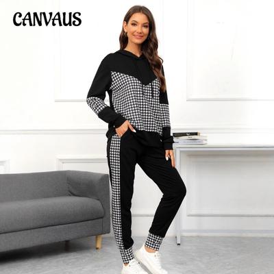 Plus Size Damen Herbst Neu Sport Freizeit Tausend Vogel Patchwork Mode Kapuzenoberteil Hose Zweiteiliger Anzug