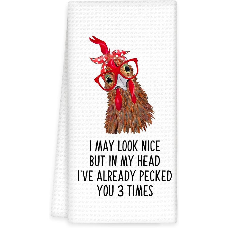 Funny Chicken Kitchen Towels, Chicken Rooster Decor Hand Towels, I ve Already Pecked You 3 Times Dish Towel Tea Towel for Kitchen Decorative, Chicken