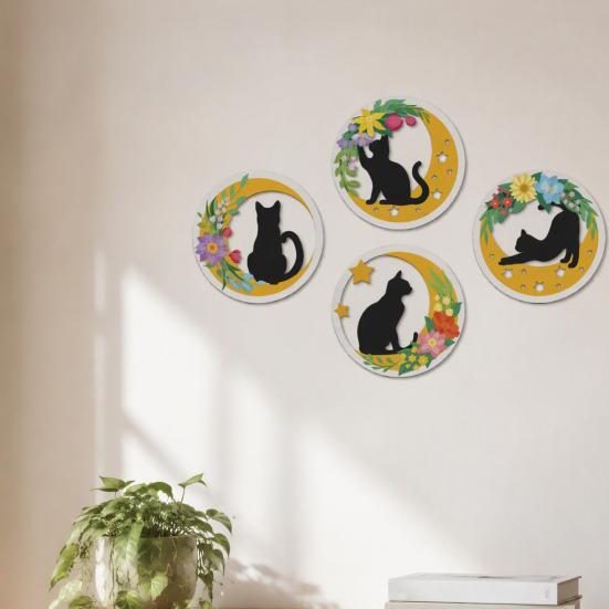 Healing Atmosphere Wall Art 4Pcs Wooden Cat Decor, 2D Flat Round with Flower Creative Animal Hangings Moon Elements, Lightweight Decorative