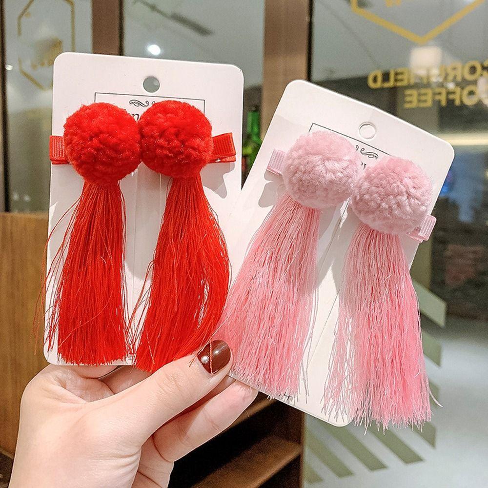 Red Tassel Pearl Children Barrettes Festival Hairpins Chinese Hanfu Hair Clips Duckbill Clips