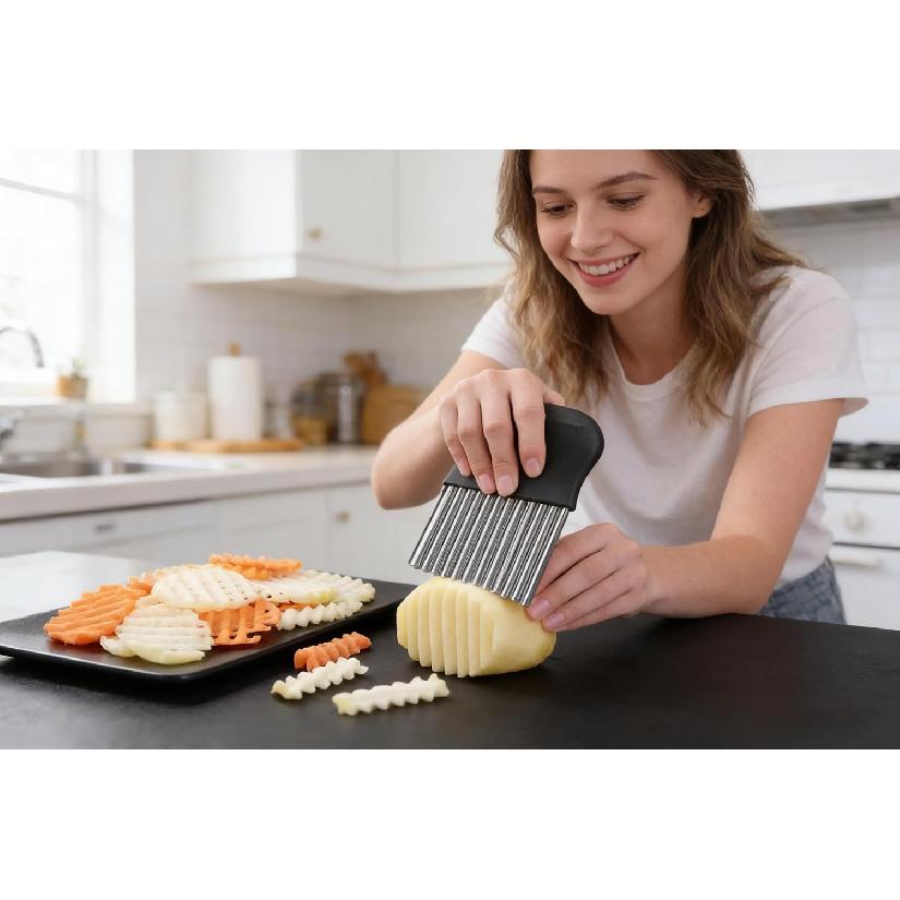 

French Fry Slicer - Large Crinkle Cutter - Potato Knife Cutter, Fruit Vegetable Wavy Chopper - Stainless Steel Blade Cutting Knife Tool