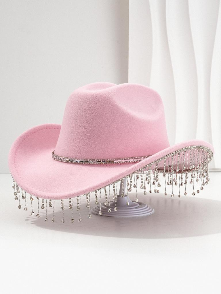 Cross-border Popular Women's Unique Sweet Top Hat Square Point Diamond Hat Chain with Rhinestone Tassel Suitable for Music Parties