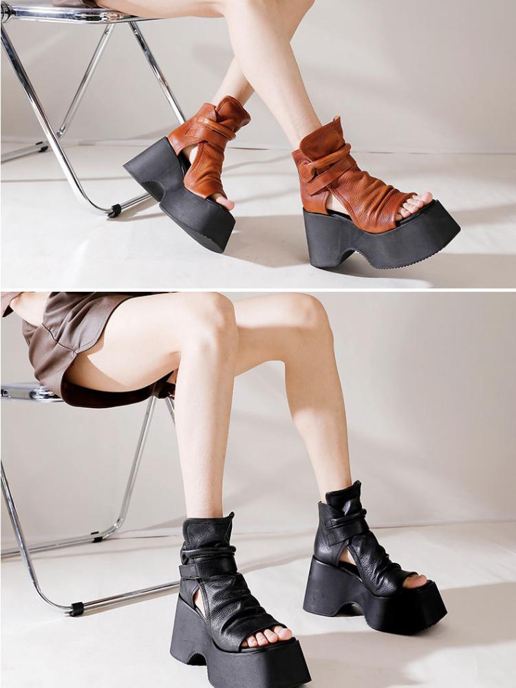 Johnature Vintage Thick Sole Sandals Boots Women Peep Toe Genuine Leather Comfort Heightening Platform Shoes