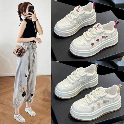 Damen Sneaker mit dicker Sohle aus weißem Echtleder - 2025 Frühjahrsmode, höhenverstärkend und vielseitige Sport-Board-Schuhe.