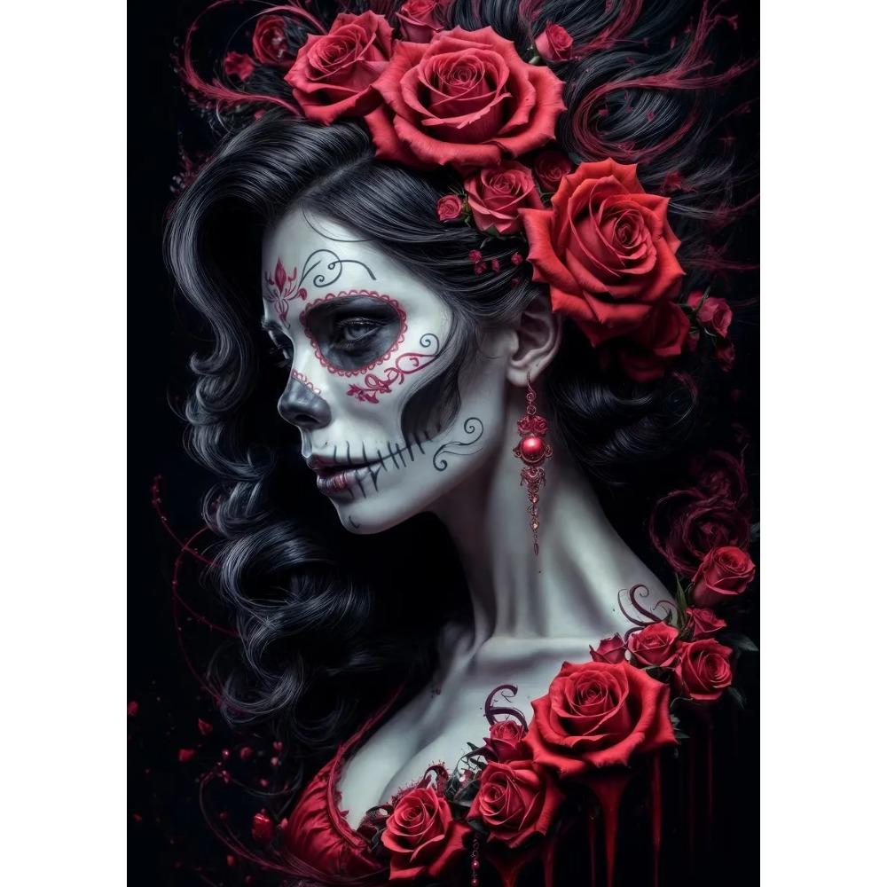 Terrifying Los Muertos Sugarskull Girl with Flowers Posters Day of the Dead Prints Canvas Printing Wall Pictures Home Room Decor