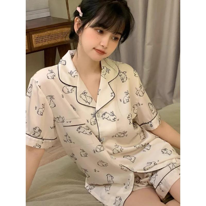 Women's 2pcs Cute Print Short Sleeve -Button Top and Shorts Pink Sleepwear Soft Comfy Homewear Casual Loungewear Pajama Set