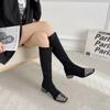 European Station Autumn and Winter Elastic Boots Square Head Tall Fashion Boots Women's Middle Heel Splicing Knee Boots Coarse Heel Boots Women's