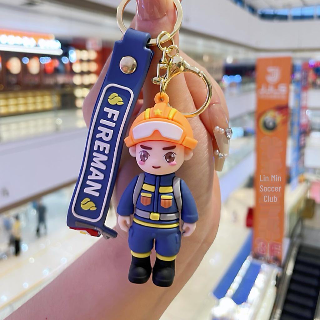 Firefighter & Traffic Police Cartoon Keychain: Cute Car Accessory & Bag Ornament Holiday Gifts.