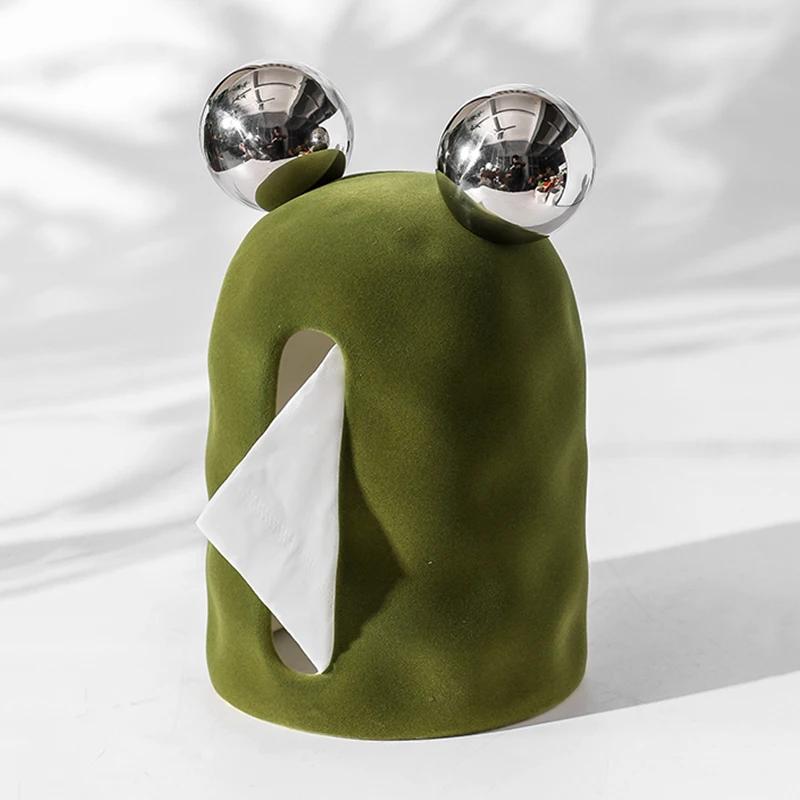 Retro Olive Green Velvet Tissue Box Desktop Ceramic Creative Napkin Paper Box Withdrawable Tissue Boxes Household Tissue Case