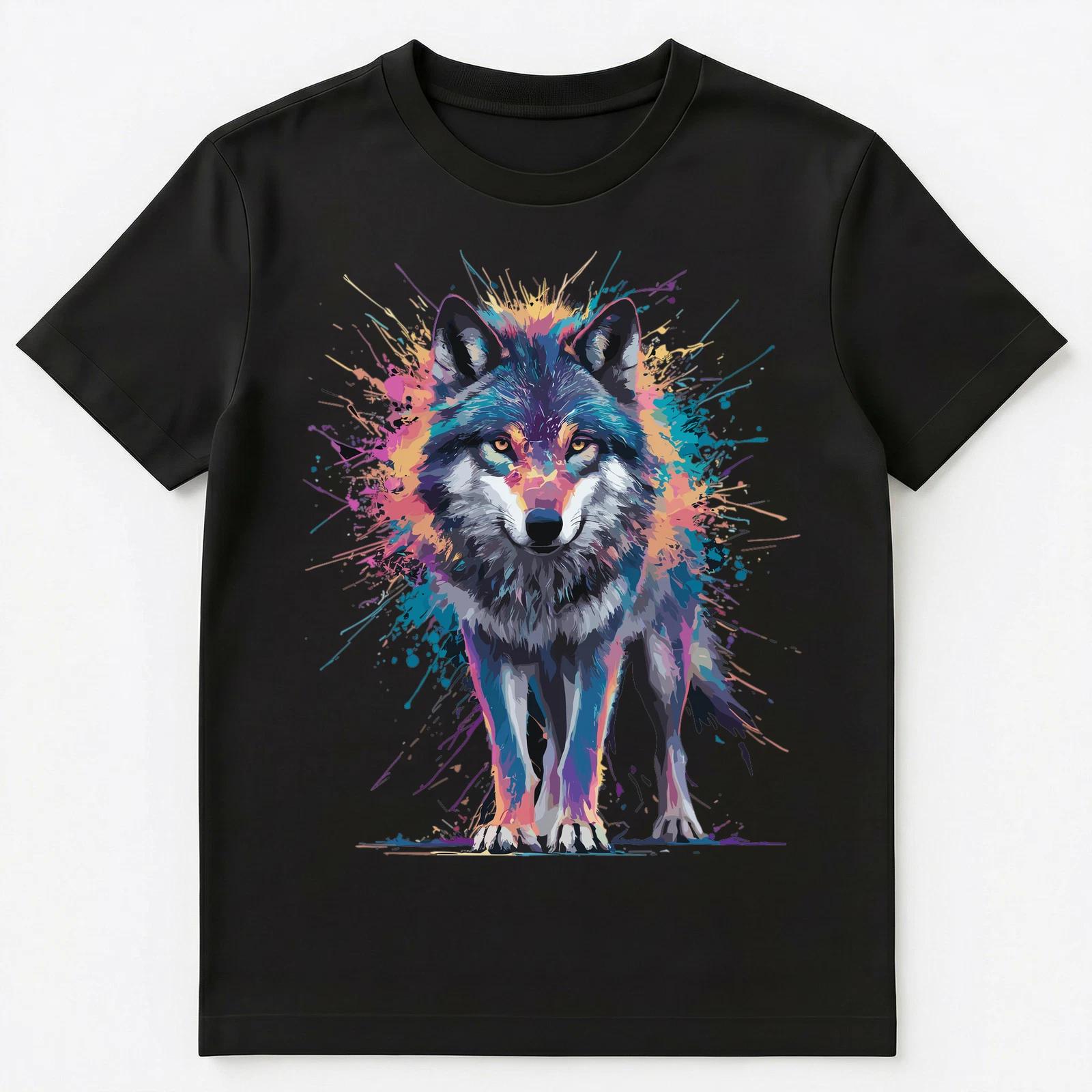 

Colorful Paint Splash Standing Wolf Art Graphic Unisex T-Shirt L