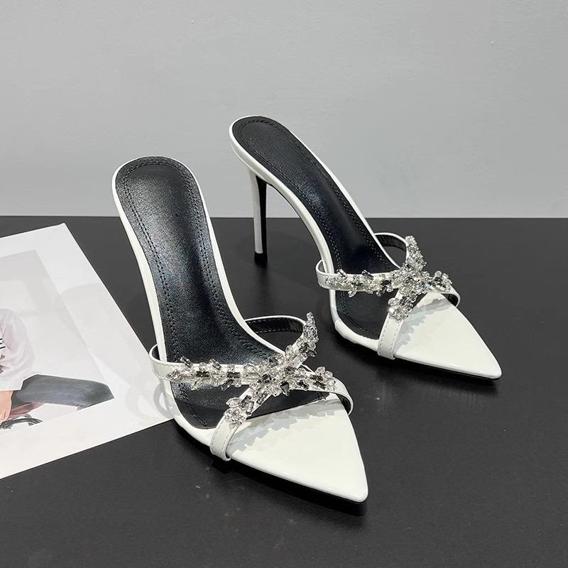 Pointed Toe Open Toe Rhinestone Stiletto Slippers Women Summer New Crossover Strap Flip Flop Versatile High Heel Cool Mopping