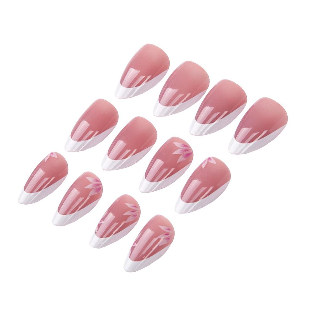 24-Piece Set: French White Floral Almond Press-On Nails with Detachable Tips