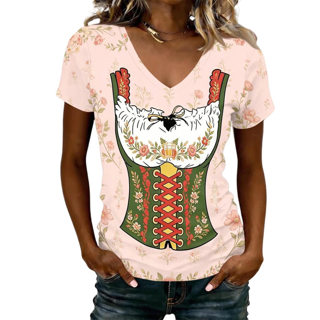 Camiseta Informal de Manga Corta con Cuello en V para Mujer Estampado Oktoberfest Top Tejido Ligero y Suave Camiseta de Corte Holgado para el Uso Diario