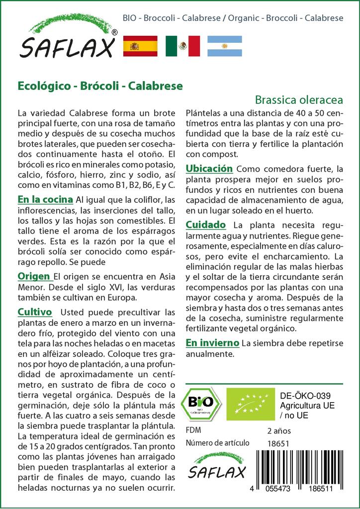 SAFLAX Garden In the Bag - Organic - Broccoli - Calabrese - 100 Seeds - With Substrate In a Fitting Stand Up Bag - Brassica Oleracea