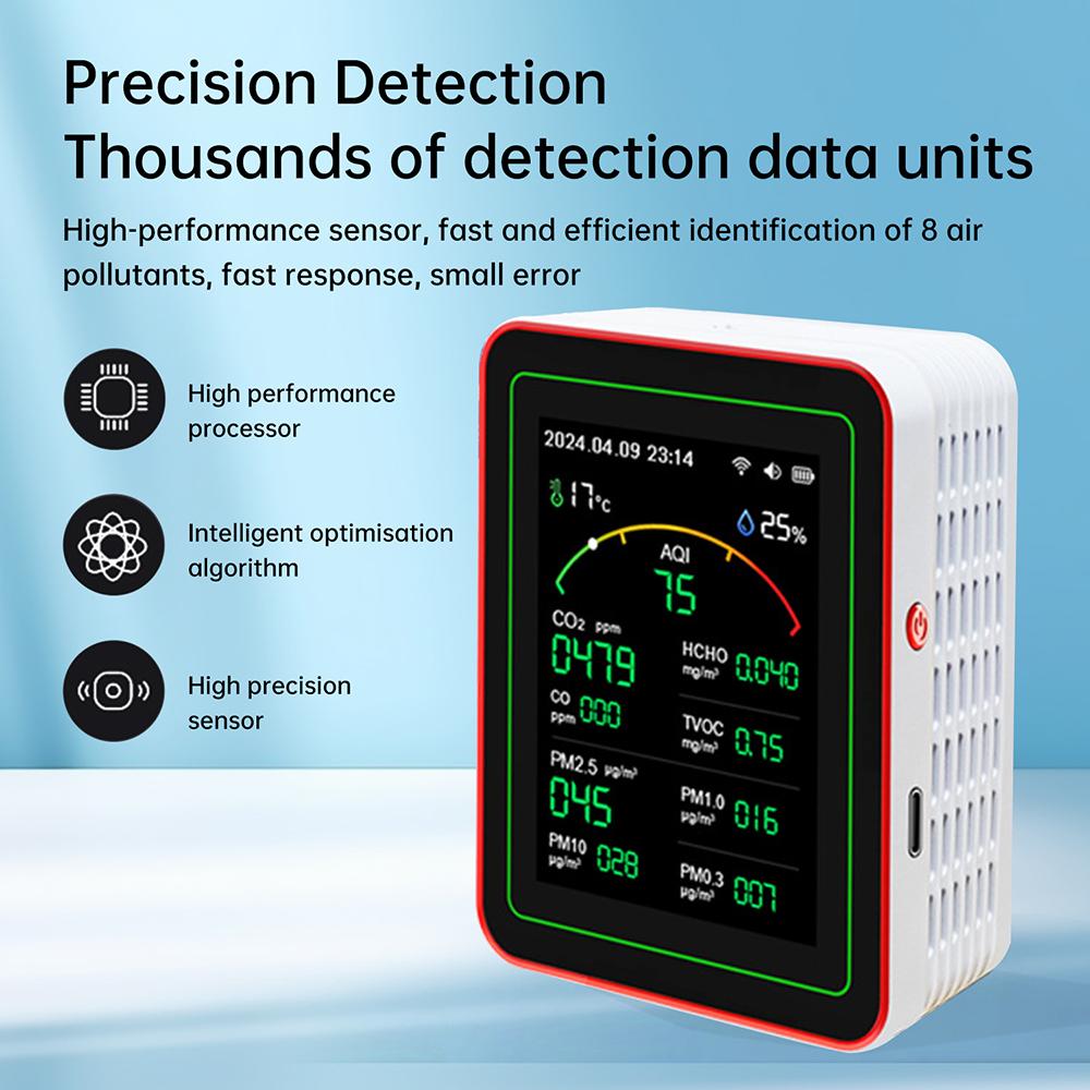 WLAN-fähiger 15-in-1-Luftqualitätsdetektor mit 2,8-Zoll-Farbdisplay (CO₂, CO, HCHO, TVOC, PM₀,₃, PM₂.₅, PM₁.₀, PM₁₀), App-Steuerung