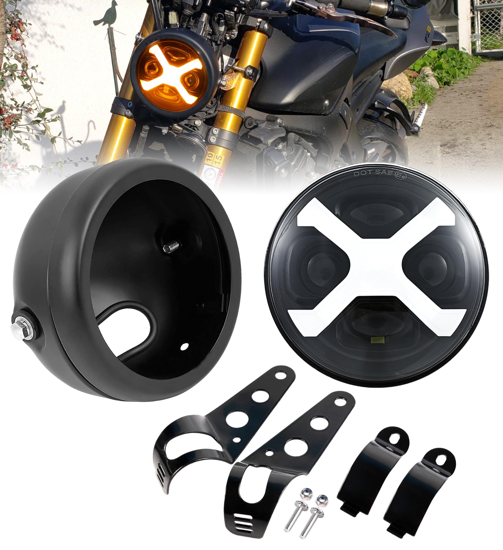 

HENGTUAOTO LED Yellow DRL Motorcycle Headlight with Headlight Housing Bucket Mounting Bracket for Shadow Rebel Cafe Cruiser 5.75 X-Style 750, 500, жёлтый