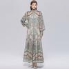 Women's Floral Pattern Printed Stand Collar Lantern Sleeve Holiday Dress Summer Autumn New Fashion Vintage Chiffon Long Maxi Dress