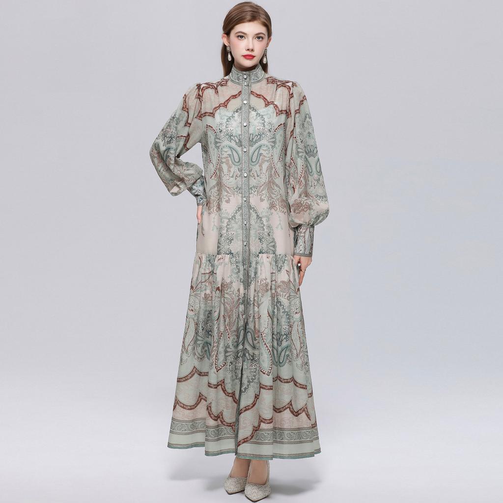 Women's Floral Pattern Printed Stand Collar Lantern Sleeve Holiday Dress Summer Autumn New Fashion Vintage Chiffon Long Maxi Dress