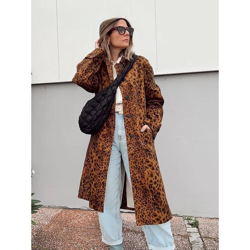 Spring and Autumn New Women's Fashion Leopard Print Coat Long Sleeves Hidden Buckle Lapel Overcoat Pocket Vintage Street Windbreaker