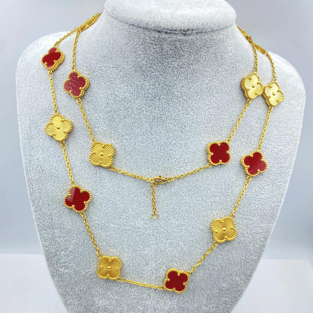 15MM Titanstål Halskjede 20 Blomster 90+5CM Firkløver Sidefresede Partivinkel Halskjede High-end Dame Genserkjede