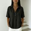 Women Shirt Lapel Buttons Half Placket Short Sleeves Casual Blouse Pure Color Loose Fit