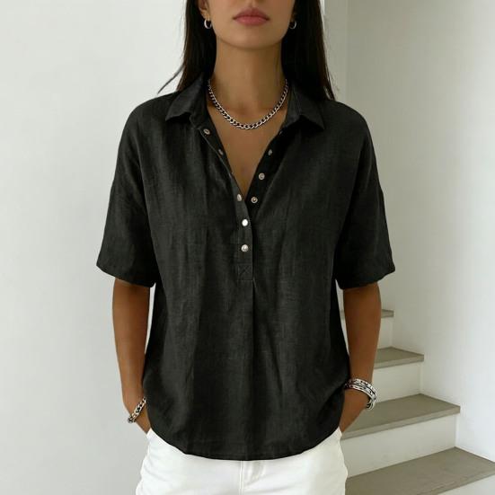 Women Shirt Lapel Buttons Half Placket Short Sleeves Casual Blouse Pure Color Loose Fit