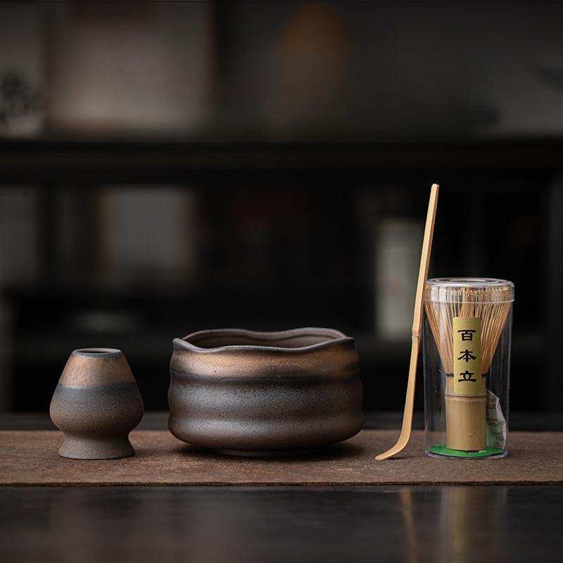 

Gilt iron glaze matcha four-piece set, retro ceramic Baibenli tea bowl, Song Dynasty tea Baiplay tea dispenser