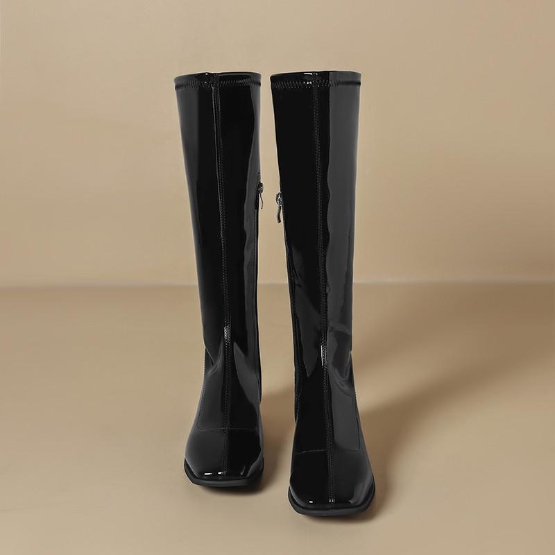 Fashion Side Zip Block Heel High Boots Fall Winter New Square Toe Patent Leather Non-Slip Kitten Heel Knight Boots