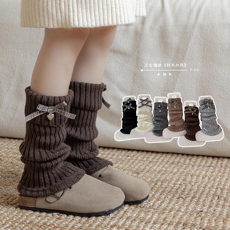 Boots Cotton Girls Socks Cover Retro Plaid Bow Stacking Socks Lolita Wool Knitted Warm Calf Leg Cover