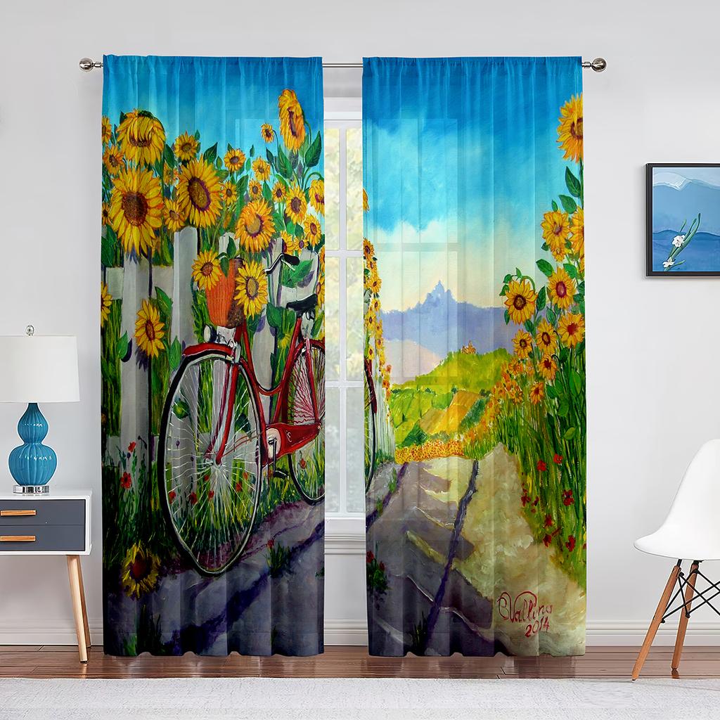 Sonnenblume Transparenter Voile Vorhang Ölgemälde Kunst Thema Bedruckte Chiffon Tüll Vorhänge für Wohnzimmer Schlafzimmer Küchendekoration