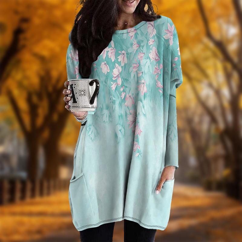 Neu Herbstlich Frischer Kleiner Blumenprint Übergröße Kleid Damen O-Ausschnitt Lange Ärmel Lässig Taschenkleider