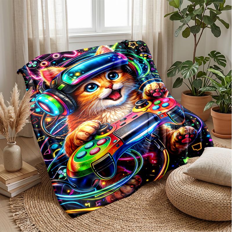 Furry Cat Night Scene Theme blanket Lightweight Warm Flannel Blanket Decorative Throw Blanket for Home Decoration