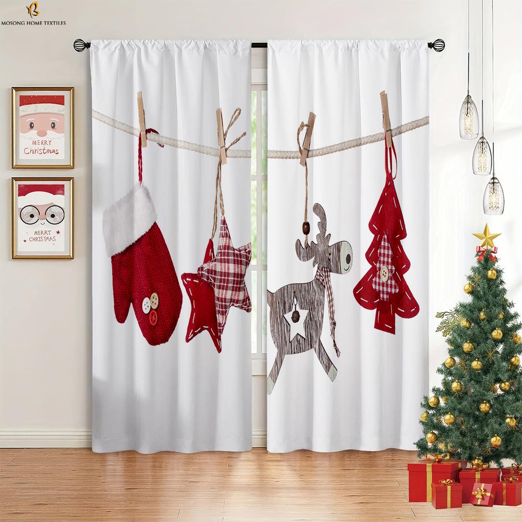 Christmas Decoration Curtains Wooden Elk Snowman Print Curtains Kids Room Restaurant Holiday Party Decoration Curtains 2 Pieces