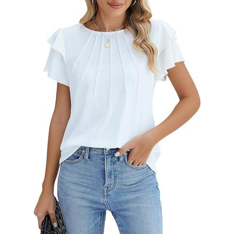 Women's Formal Casual Summer Pleated Short Sleeved Round Neck Top Business Work Shirt