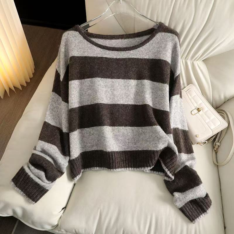 

Soft waxy skin-friendly contrasting color lazy knitted sweater autumn and winter bottoming long-sleeved women s striped loose sweater One size серый