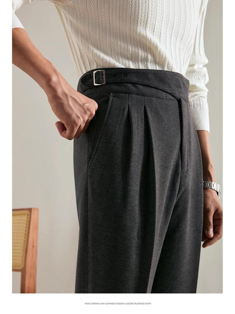 Men's High Waist Italian Gurkha Trousers - Business Formal Non-Iron Straight Leg with Paris Buckle