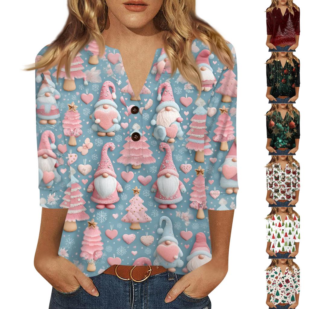 Women's T Shirt Print Button 3/4 Sleeve Daily Weekend Fashion Basic V- Neck Regular Top