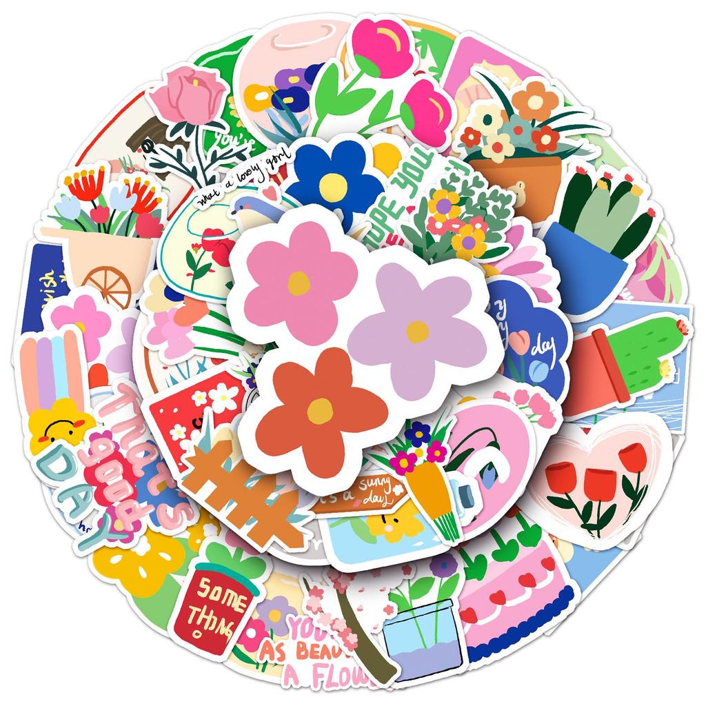 50 Sheets of Waterproof Hand-Painted Cartoon Flower Stickers for Kids' Journals - Guka Small Gifts