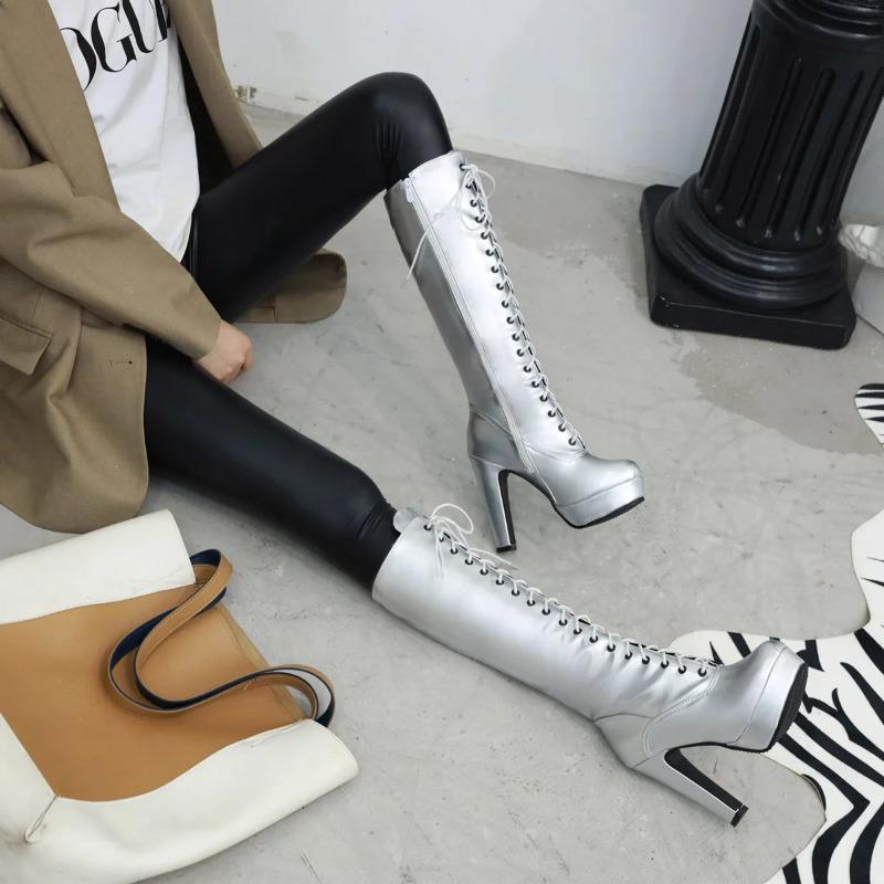 Fashion Women's Winter High Boots Shoes Platform Knee High Boot Patent Gold Silver Heeled Long Party Dance Shoes Lady Large Size 48