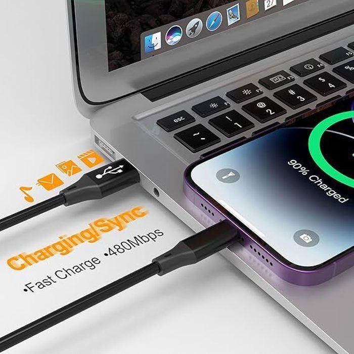 2 Câble de recharge pour iPhone, vers Lightning avec transmission de données, cordon de recharge rétractable pour iPhone/Pad/Pod