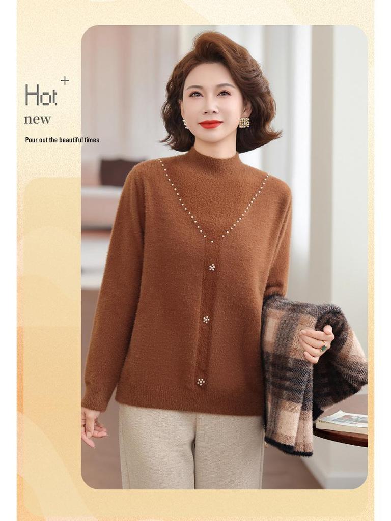Women's Velvet Thick Coat with Half-high Collar, Winter Knit Two-piece Set for Middle-aged and Elderly Mothers
