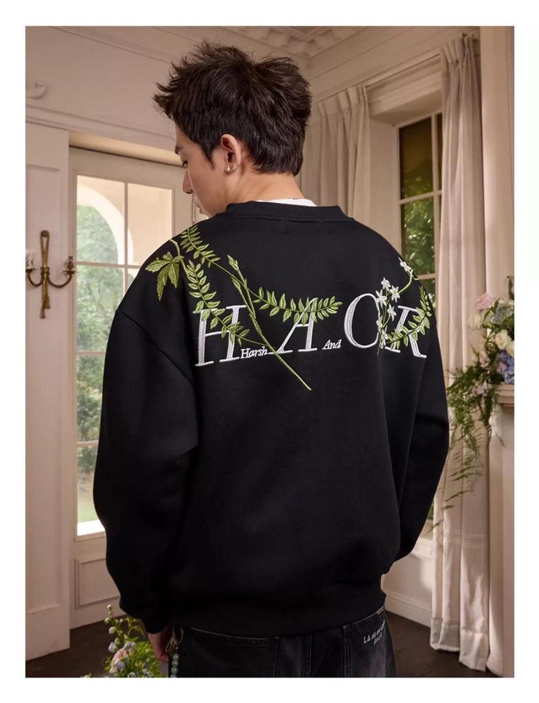 Guochao Men's Winter Velvet Embroidered Hoodie - New Chinese Style Harajuku Round Neck Top