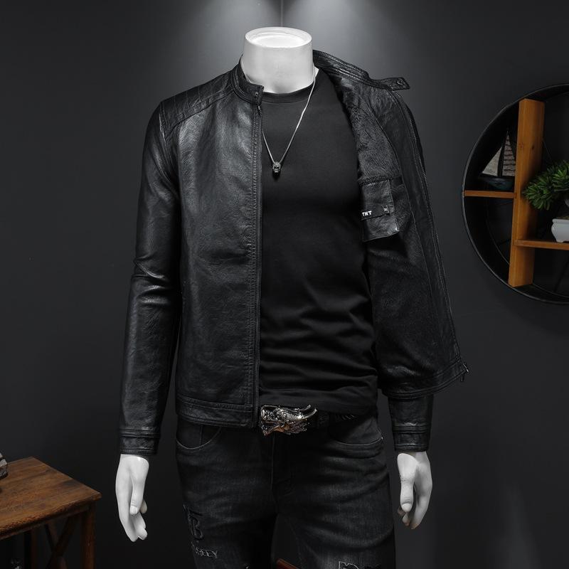 Autumn and winter new slim-fit velvet men's fashion casual stand-up collar locomotive PU leather jacket